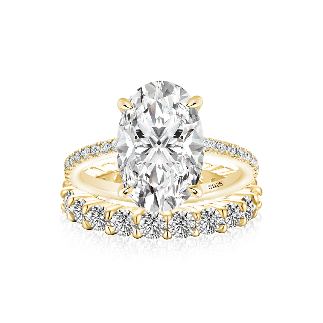 Moissanite 4.0Ct Oval Cut Hidden Halo 2PC Stackable Statement Ring Sets In Sterling Silver