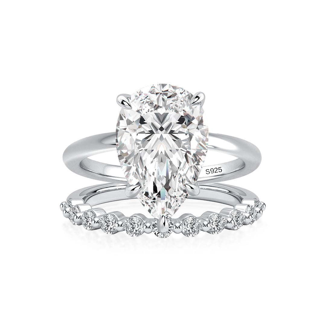 S925 Moissanite 4.0Ct Pear Cut Engagement Ring With Pave 0.36Ct Band 2PC Stackable Bridal Ring Set