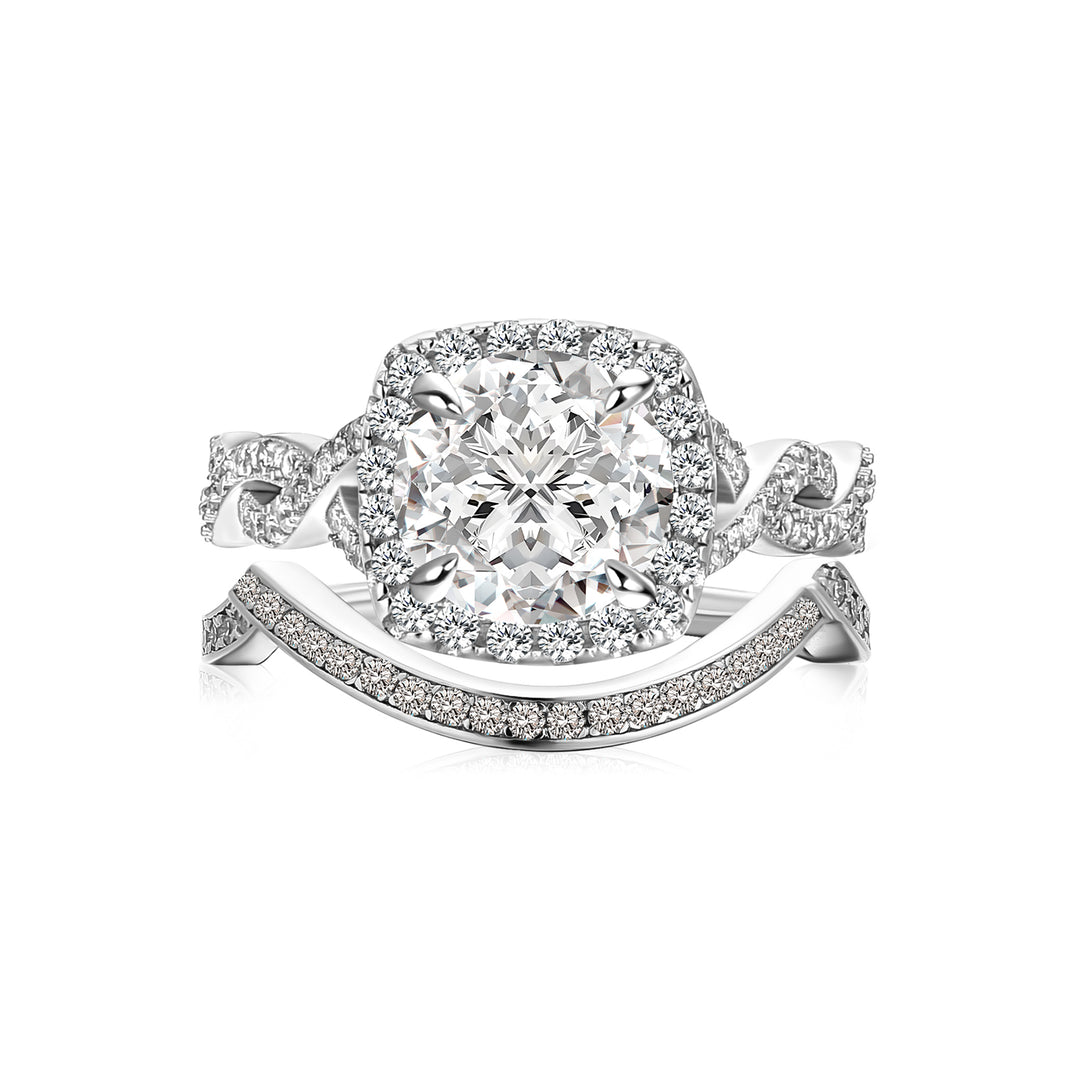 Moissanite 2.0Ct Halo Round Cut Twist White Gold Wedding Ring Set In Sterling Silver