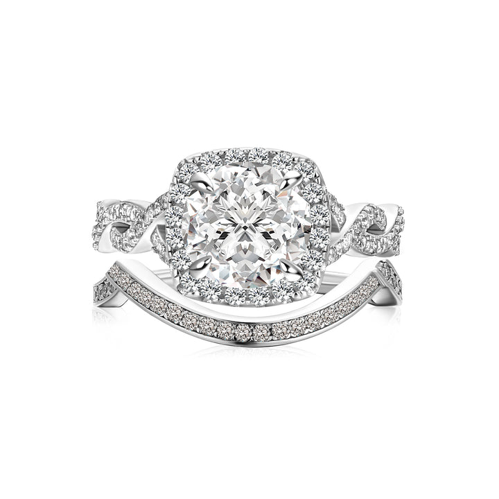 Moissanite 2.0Ct Halo Round Cut Twist White Gold Wedding Ring Set In Sterling Silver