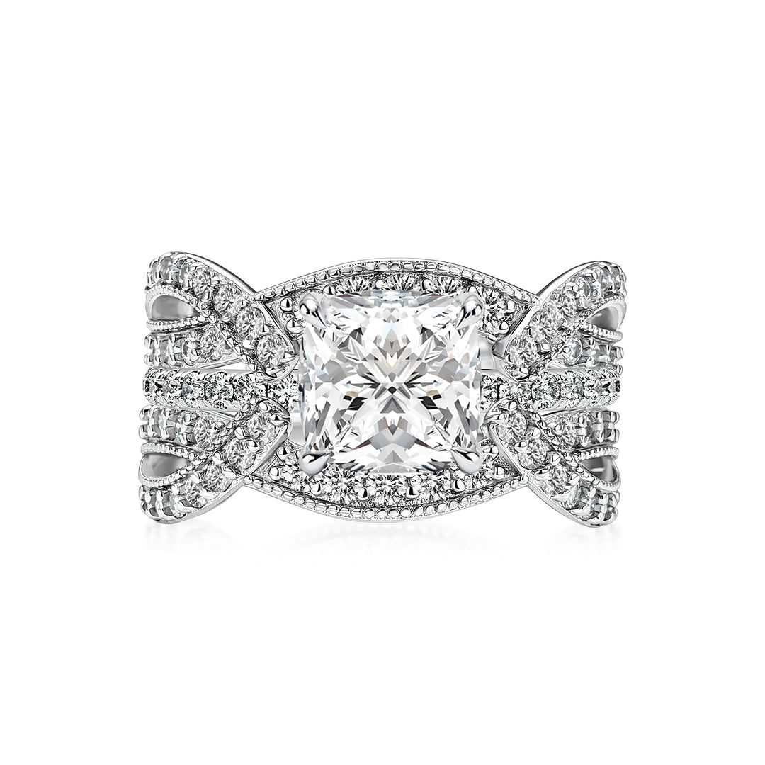 S925 Moissanite 2Ct Cushion Cut Wedding Ring & Twisted Pave 1.17Ct  Band 2PC Enhancer Bridal Ring Set