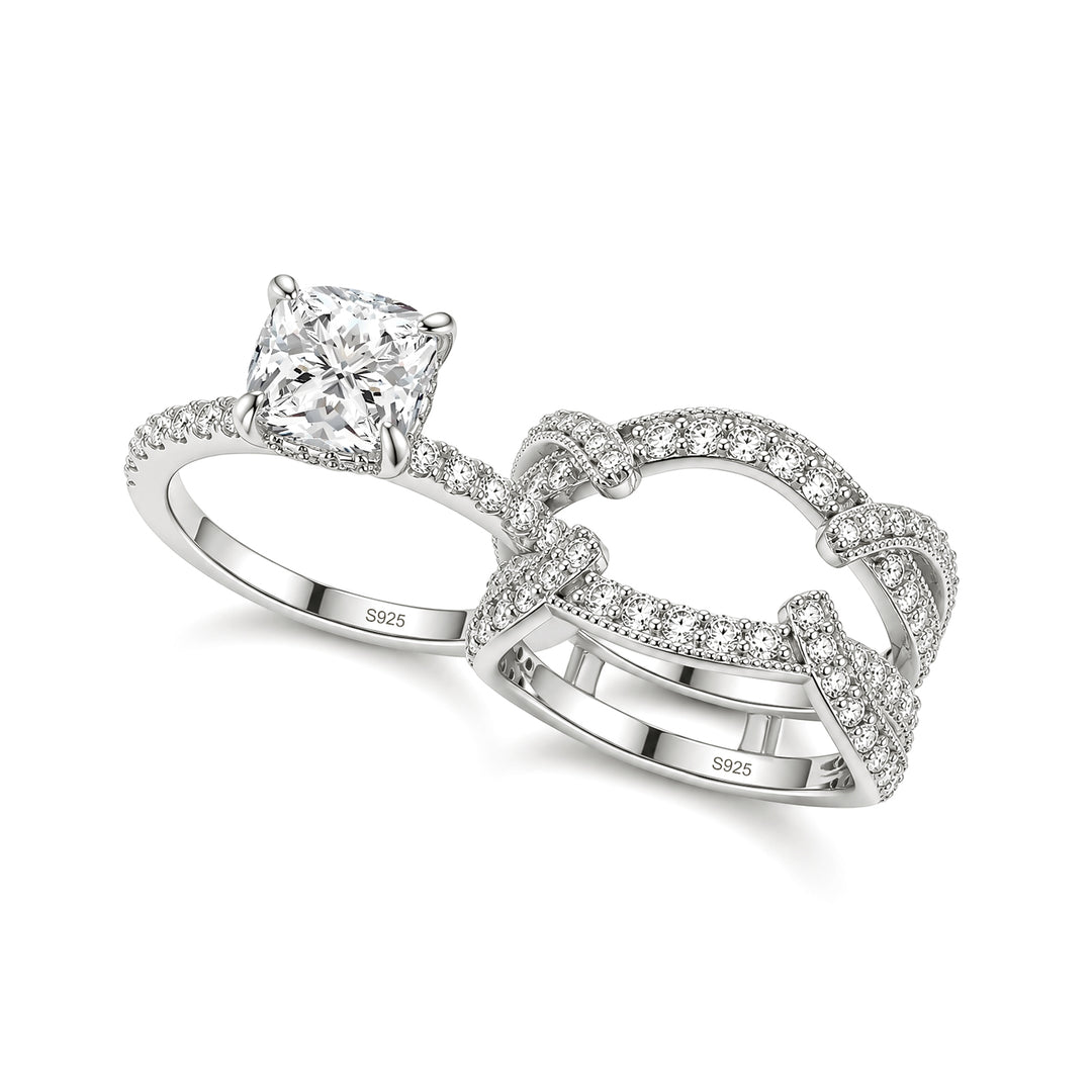 S925 Moissanite 2Ct Cushion Cut Wedding Ring & Twisted Pave 1.17Ct  Band 2PC Enhancer Bridal Ring Set