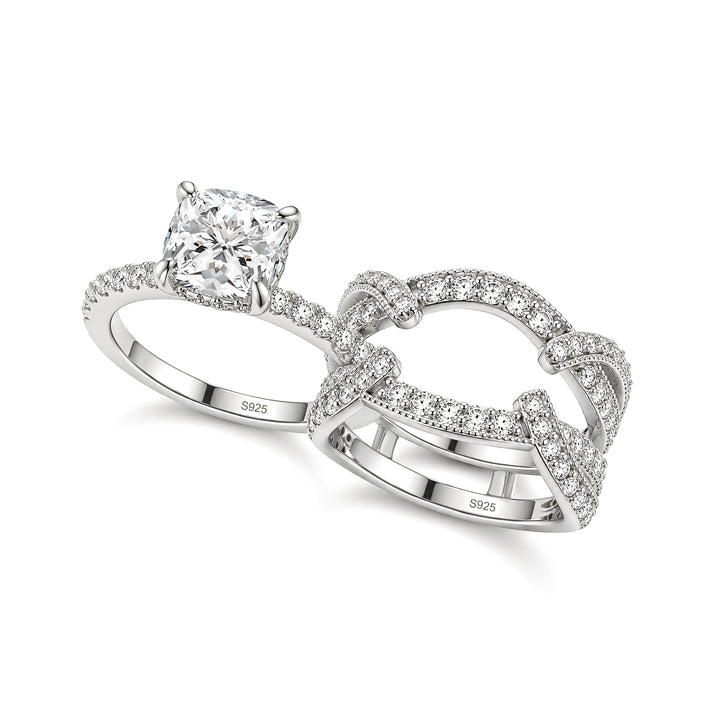 S925 Moissanite 2Ct Cushion Cut Wedding Ring &amp; Twisted Pave 1.17Ct  Band 2PC Enhancer Bridal Ring Set