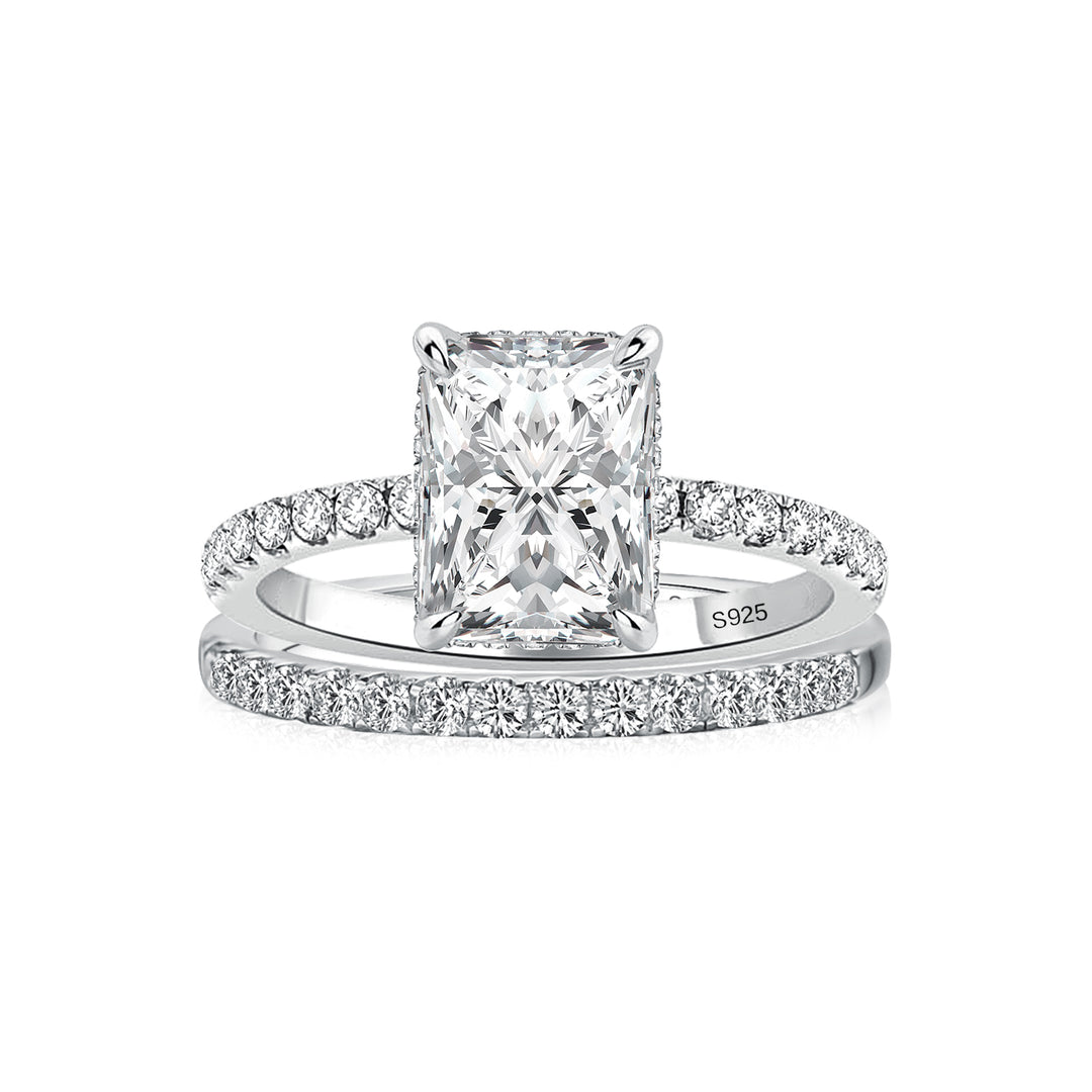 Rodiffy Moissanite S925 2.0Ct Radiant Cut Engagement Ring Set in Sterling Silver with Pave Wedding Band