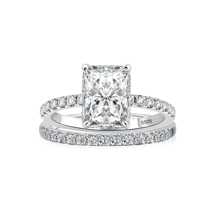 Rodiffy Moissanite S925 2.0Ct Radiant Cut Engagement Ring Set in Sterling Silver with Pave Wedding Band
