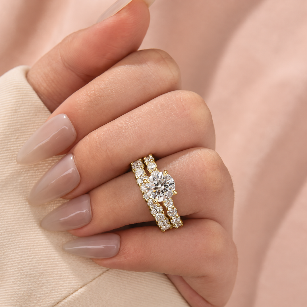 Moissanite 4.0Ct/3.0 Ct Round Cut White Gold Stack Wedding Ring with Round Cut Full Wedding Band