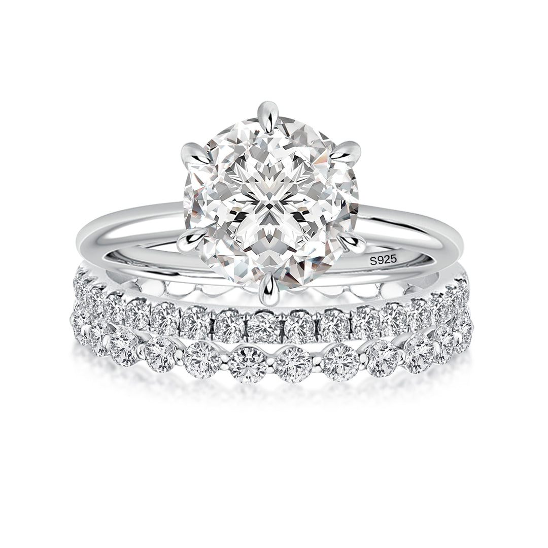 S925 Moissanite 2CT Round Solitaire 3-Piece Bridal Ring Set Engagement Ring With Wedding Bands