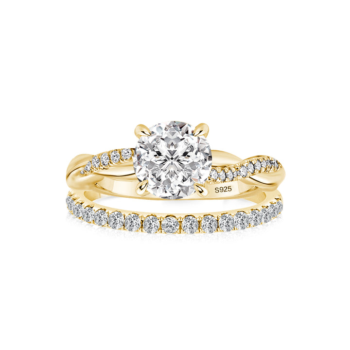 Moissanite 1.2Ct/2.0 Ct Twist Round Cut Yellow Gold Pave Promise Bridal Ring With Wedding Band