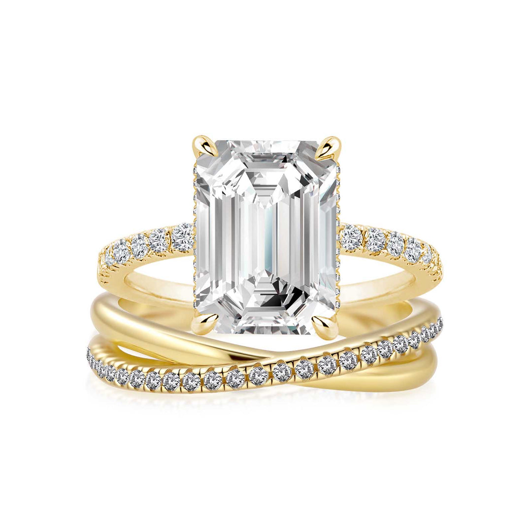 S925 Moissanite 2PC 3.5 Ct Emerald Cut Twist Yellow Gold Wedding Ring Set For Women