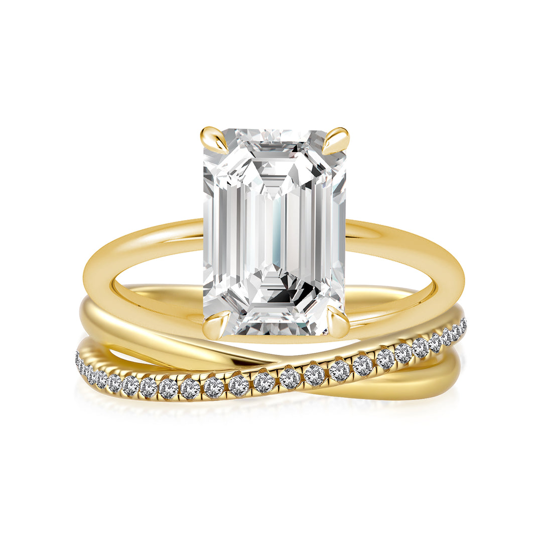 S925 Moissanite 2PC 3.5 Ct Emerald Cut Twist Yellow Gold Wedding Ring Set For Women
