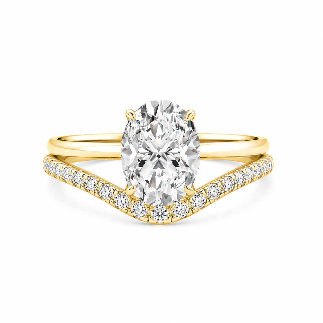 S925 Moissanite 2Ct Oval Cut Solitaire V Shape Pave Nest Two Piece 18K Yellow Gold Plated Bridal Ring Set