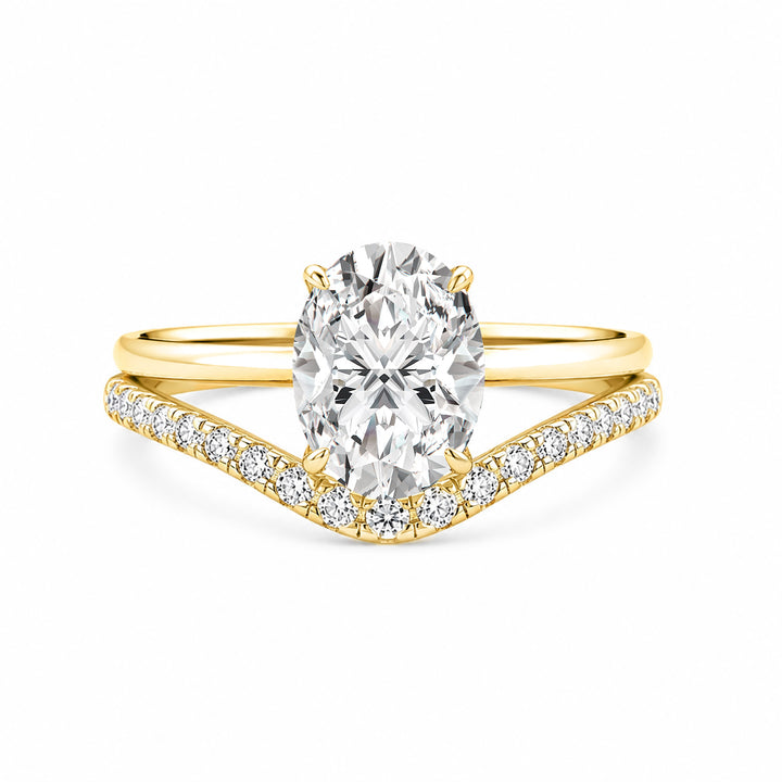 S925 Moissanite 2Ct Oval Cut Solitaire V Shape Pave Nest Two Piece 18K Yellow Gold Plated Bridal Ring Set