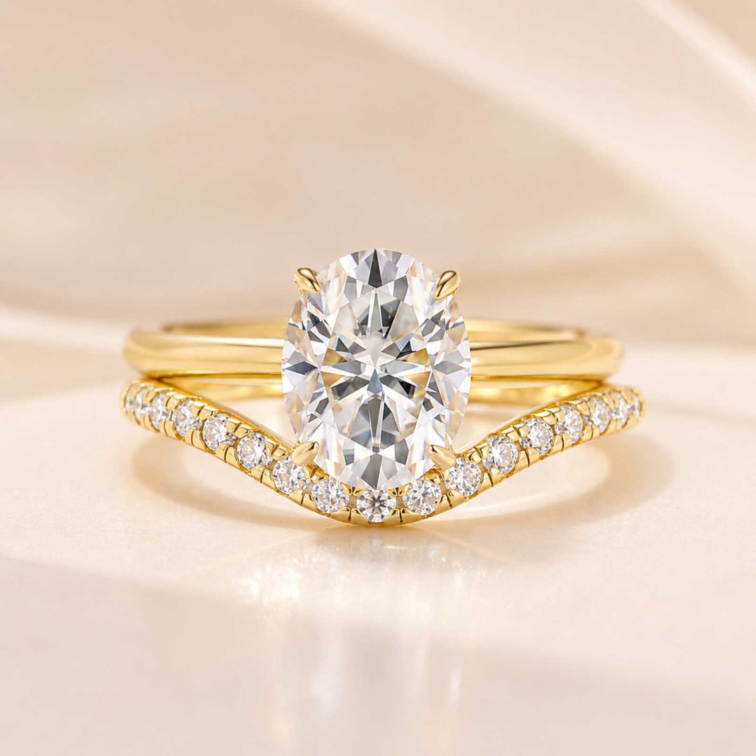 S925 Moissanite 2Ct Oval Cut Solitaire V Shape Pave Nest Two Piece 18K Yellow Gold Plated Bridal Ring Set
