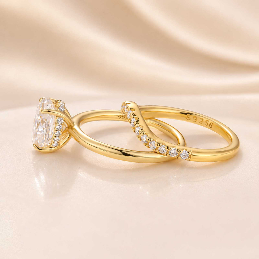 S925 Moissanite 2Ct Oval Cut Solitaire V Shape Pave Nest Two Piece 18K Yellow Gold Plated Bridal Ring Set
