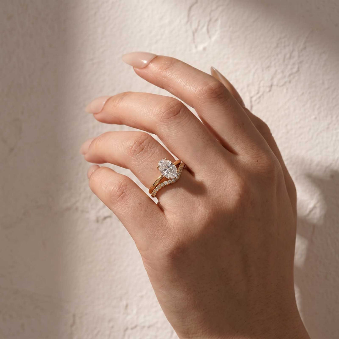 S925 Moissanite 2Ct Oval Cut Solitaire V Shape Pave Nest Two Piece 18K Yellow Gold Plated Bridal Ring Set