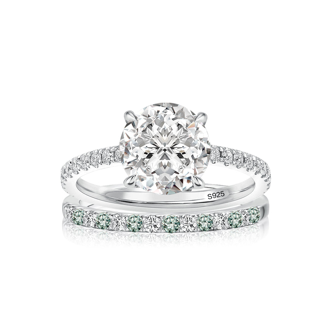 Moissanite 2.0Ct Round Cut/Marquise Cut/ Cushion Cut Engagement Ring With Green & White Round Cut Wedding Band