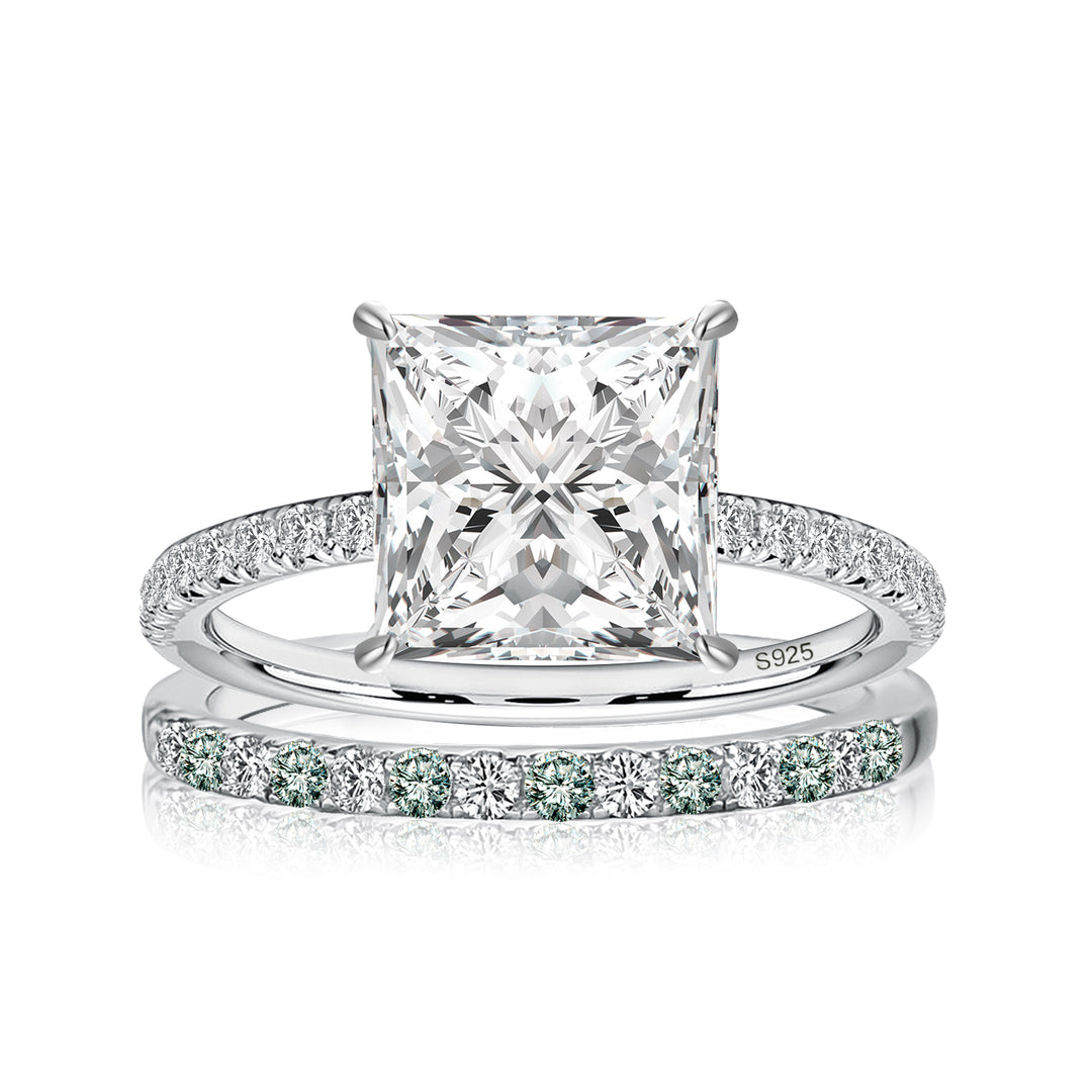 S925 Moissanite 2CT Princess Cut Engagement Ring Set 2PC Hidden Halo Solitaire Ring With Wedding Band