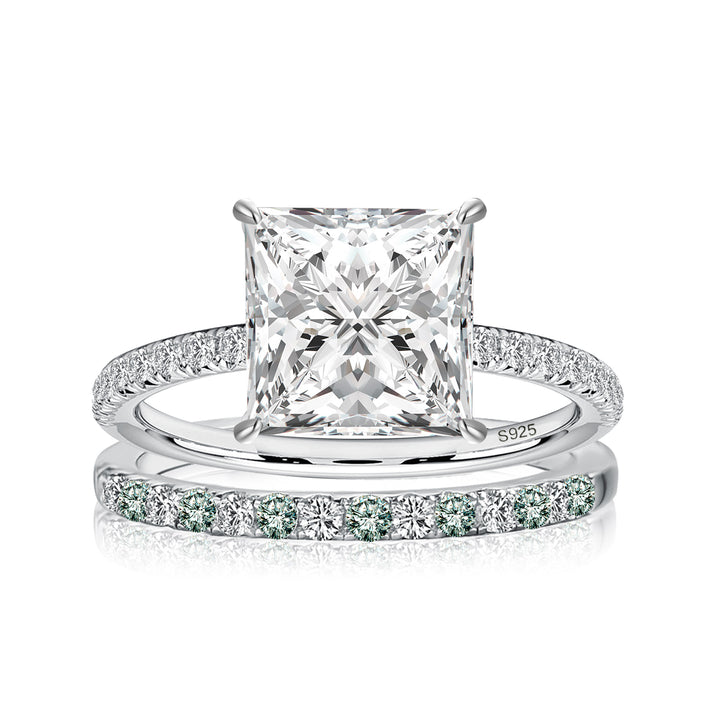 S925 Moissanite 2CT Princess Cut Engagement Ring Set 2PC Hidden Halo Solitaire Ring With Wedding Band