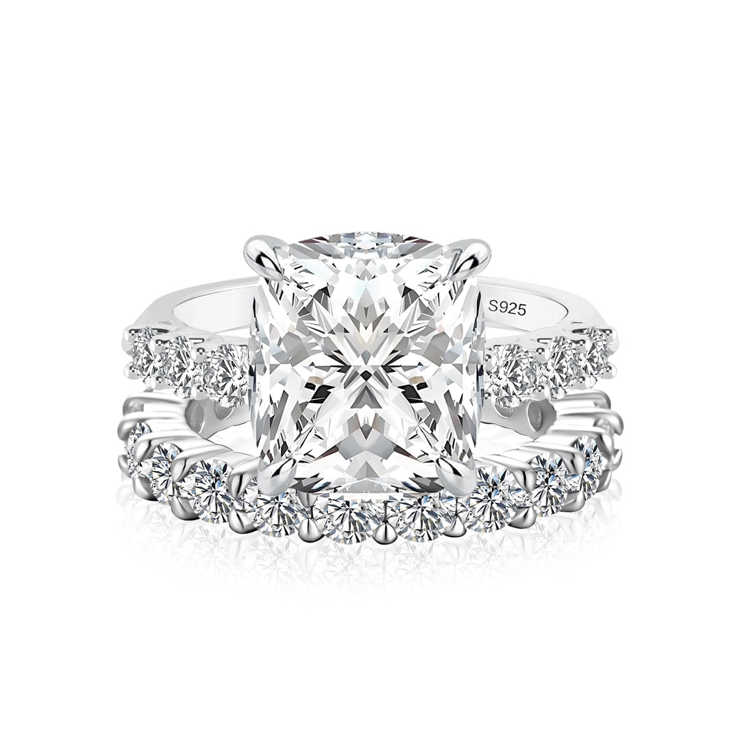 Rodiffy Moissanite 3.0Ct Cushion Cut Side Stone White Gold Engagement Ring with Pavé Eternity Ring