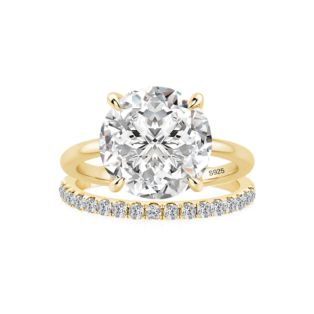 Moissanite 4.0Ct Solitaire Round Cut Yellow Gold Engagement Ring with Eternity Thin Wedding Band