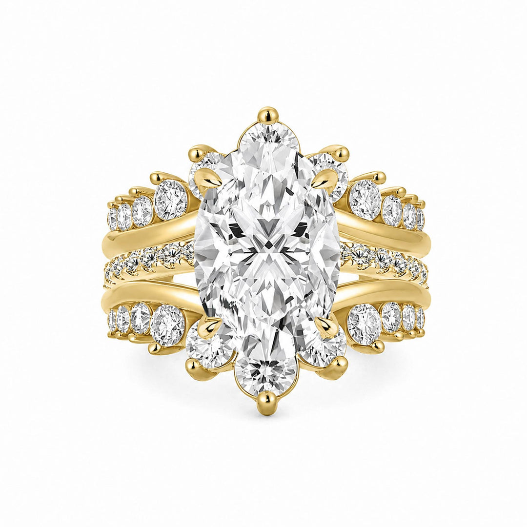 S925 Moissanite 4.0Ct Oval Cut Engagement Ring in Sterling Silver with V-Shaped Crown Enhancer 1.7Ct Round Cut Wedding Band