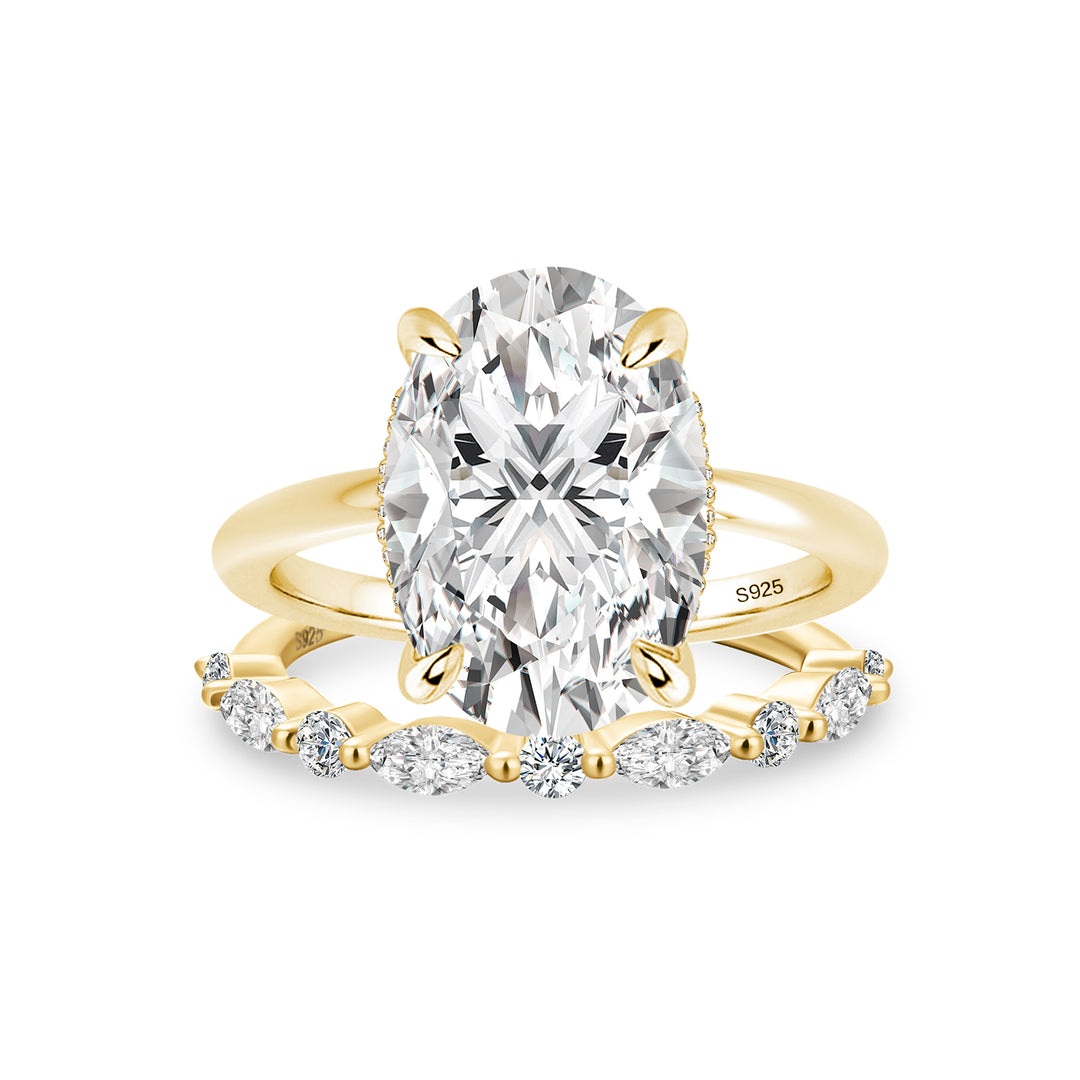 Moissanite 5.5Ct Solitaire Oval Cut Yellow Gold Engagement Ring with Marquise& Oval Cut Wedding Band