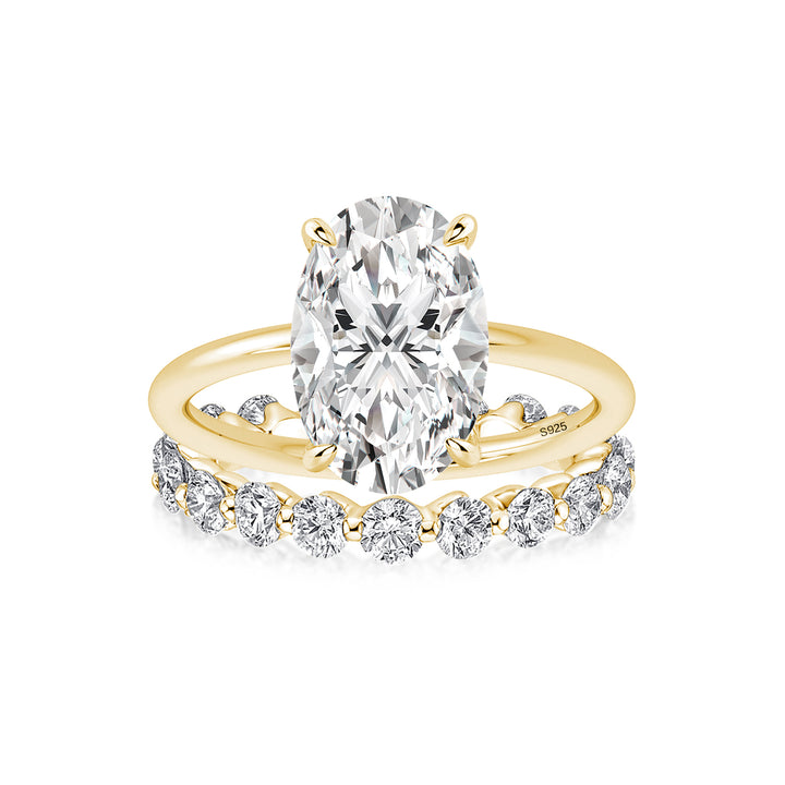 Moissanite 3.0Ct~4.0Ct Hidden Halo Oval Cut Yellow Gold Engagement Ring with 1.5Ct Round Cut Wedding Band