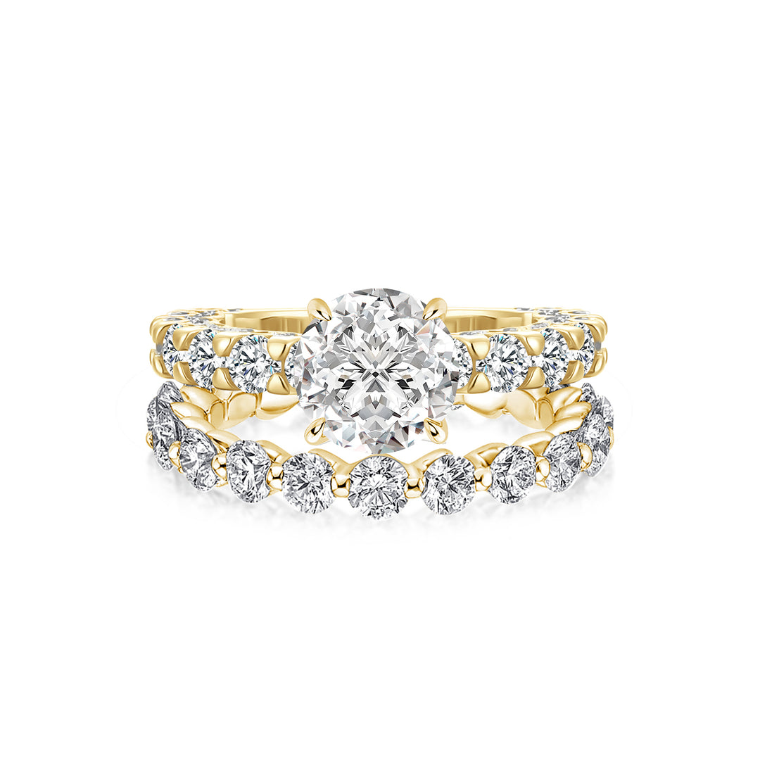 Moissanite 2.0Ct Side Stone Round Cut Yellow Gold Engagement Ring with 1.5Ct Round Cut Wedding Band