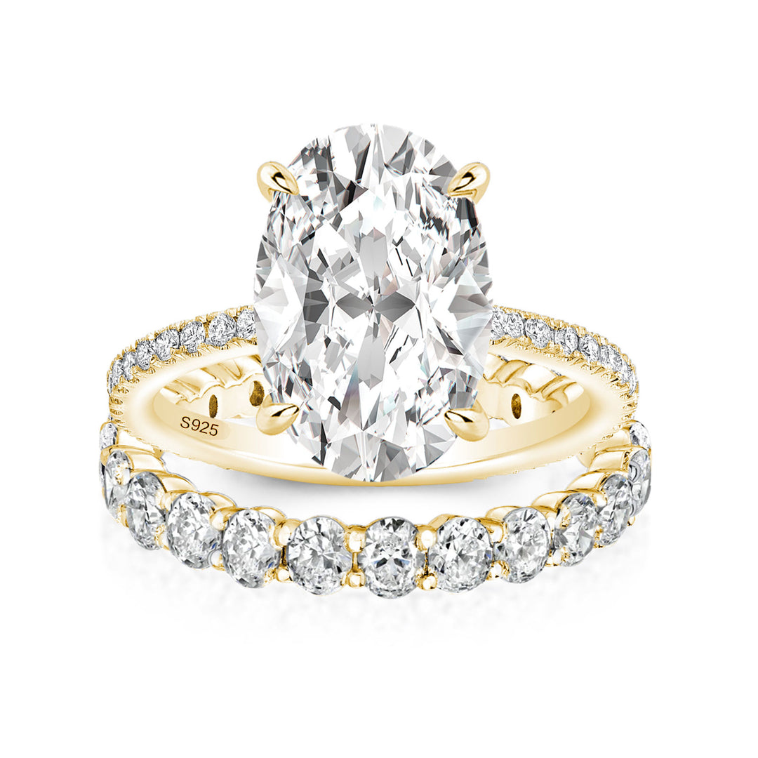 Moissanite 4.0Ct Hidden Halo Oval Cut Yellow Gold Engagement Ring with 3.0Ct Oval Cut Wedding Band