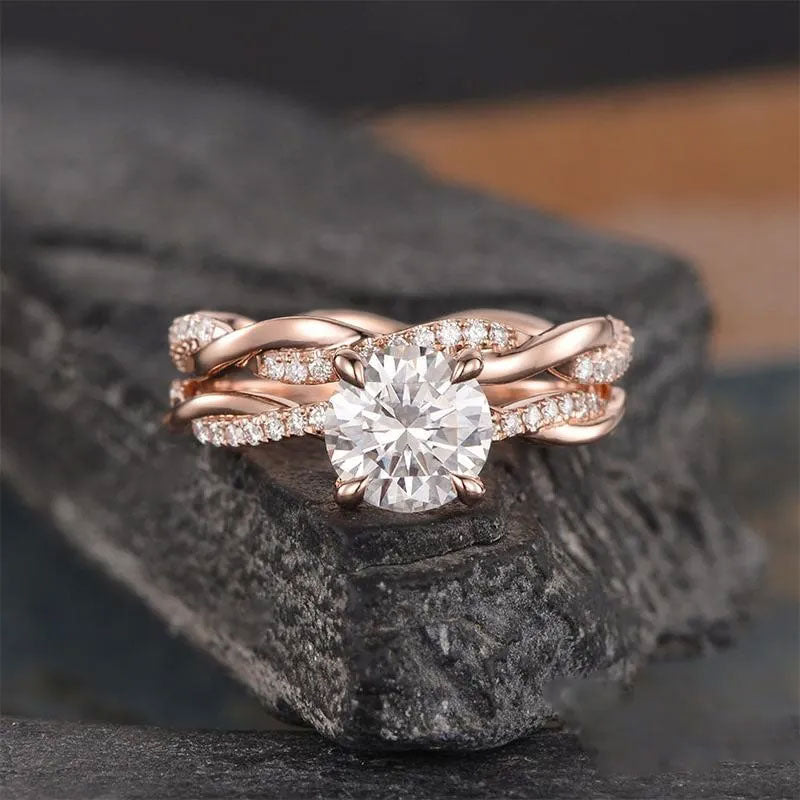 Rodiffy Moissanite 2.0 Ct Twist Rose Gold Pave Wedding Ring Set