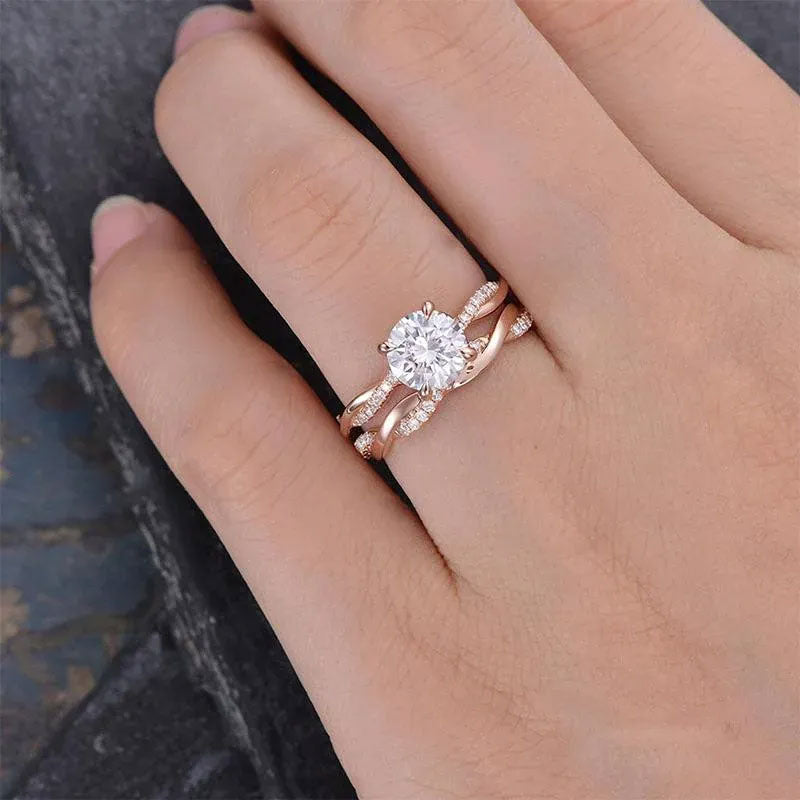 Rodiffy Moissanite 2.0 Ct Twist Rose Gold Pave Wedding Ring Set