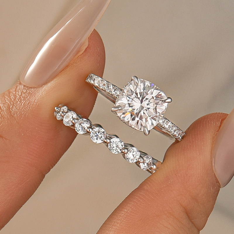 Rodiffy Moissanite 2.5Ct Cushion Cut Engagement Ring in Sterling Silver with Eternity Wedding Band