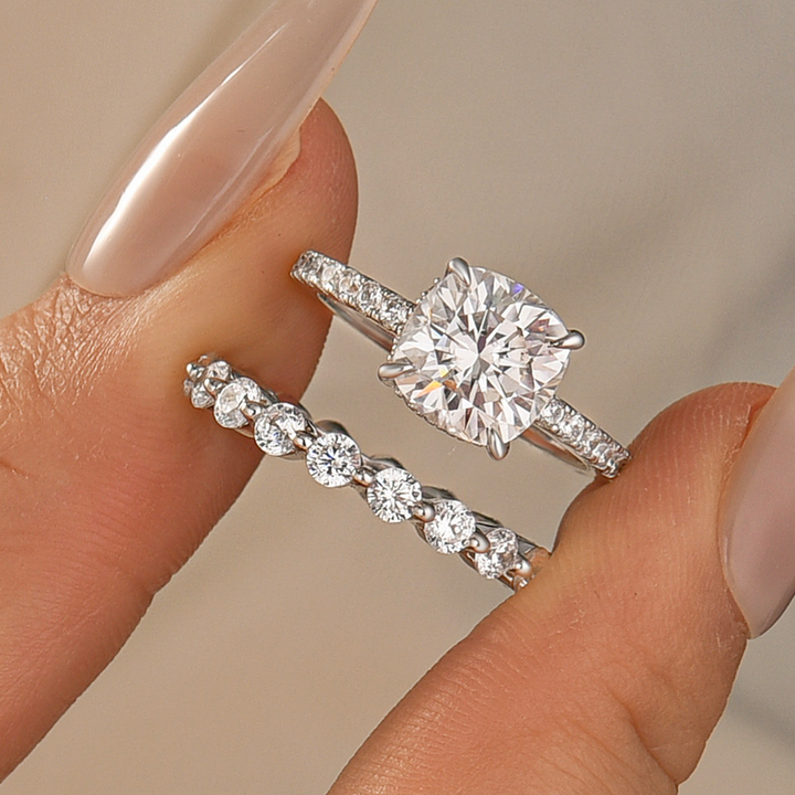 Rodiffy Moissanite 2.5Ct Cushion Cut Engagement Ring in Sterling Silver with Eternity Wedding Band