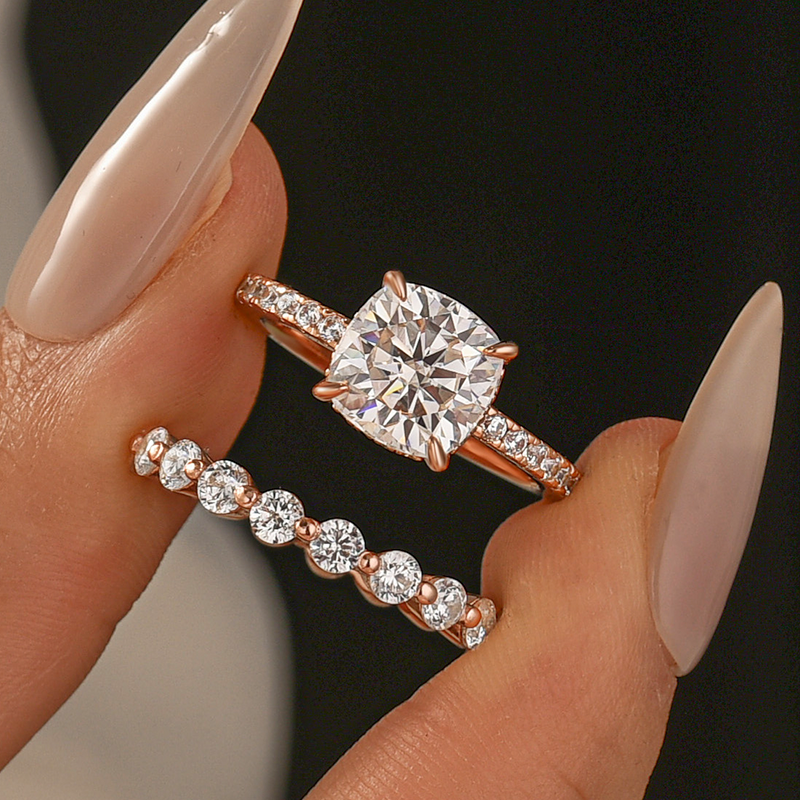 Rodiffy Moissanite 2.5Ct Cushion Cut Engagement Ring in Sterling Silver with Eternity Wedding Band