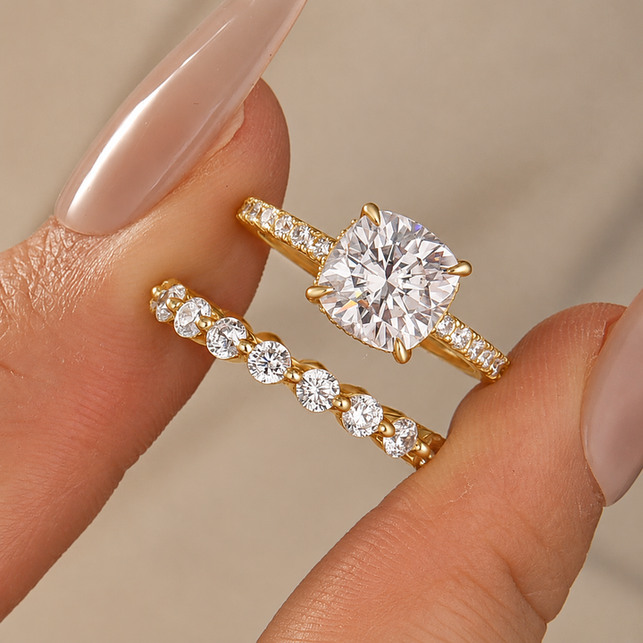 Rodiffy Moissanite 2.5Ct Cushion Cut Engagement Ring in Sterling Silver with Eternity Wedding Band