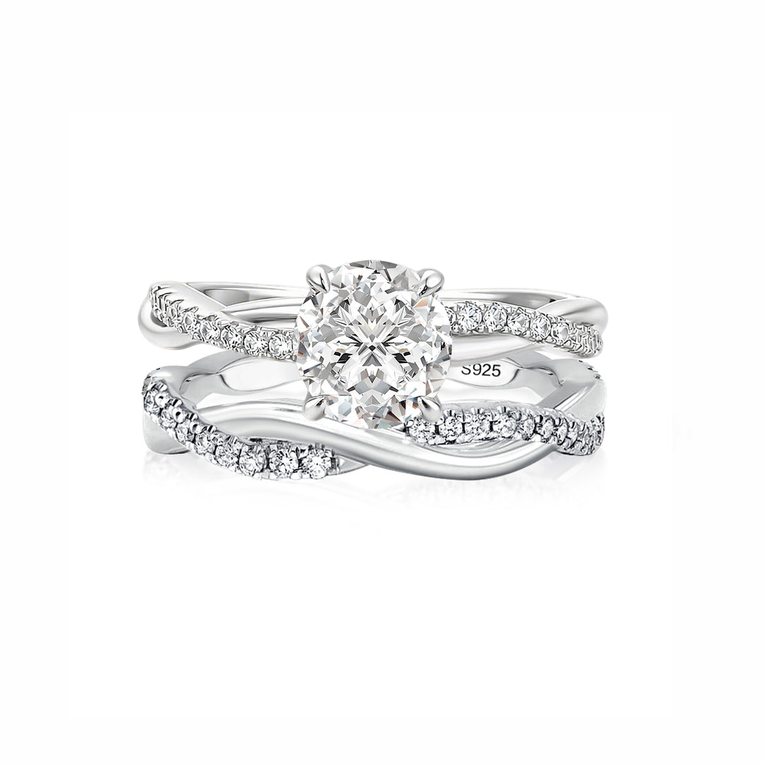 S925 Moissanite Twist 1.0Ct Round Cut 2PC Engagement Ring with 0.22Ct Round Cut Wedding Band