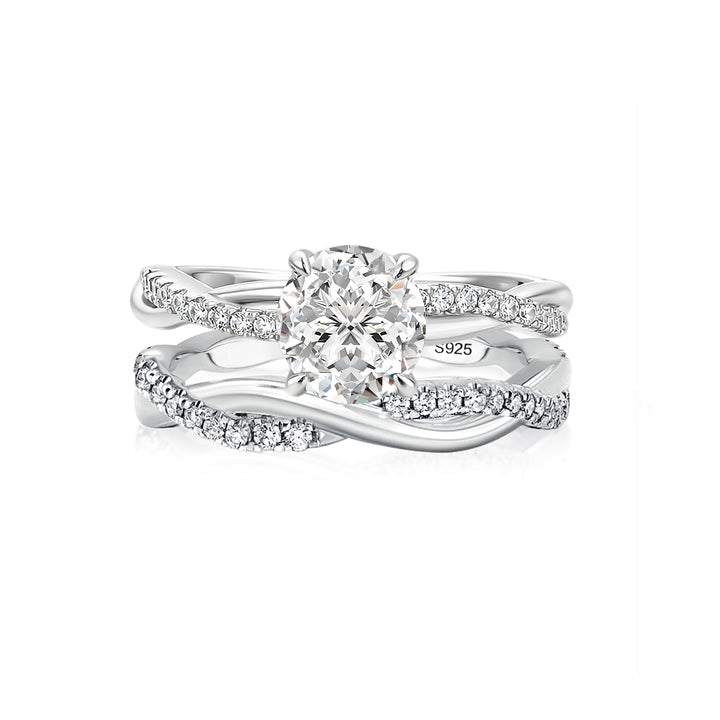 S925 Moissanite Twist 1.0Ct Round Cut 2PC Engagement Ring with 0.22Ct/0.35Ct Round Cut Wedding Band