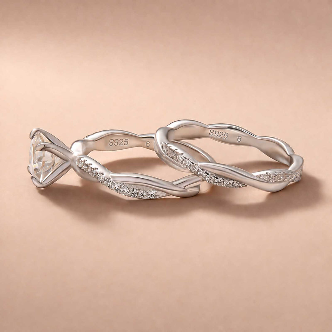 S925 Moissanite Twist 1.0Ct Round Cut 2PC Engagement Ring with 0.22Ct Round Cut Wedding Band
