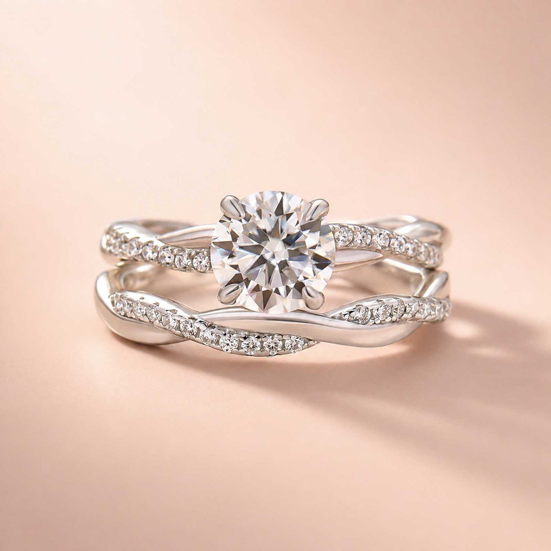 S925 Moissanite Twist 1.0Ct Round Cut 2PC Engagement Ring with 0.22Ct Round Cut Wedding Band