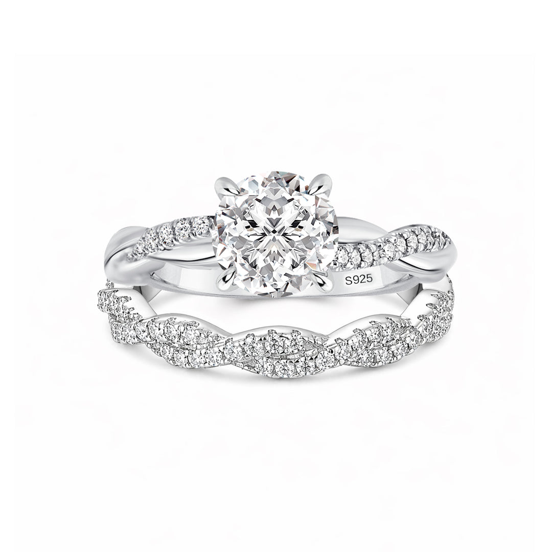 Rodiffy Moissanite Twist 1.2Ct Round Cut 18K White Gold Pave Engagement Ring with Twist Wedding Band