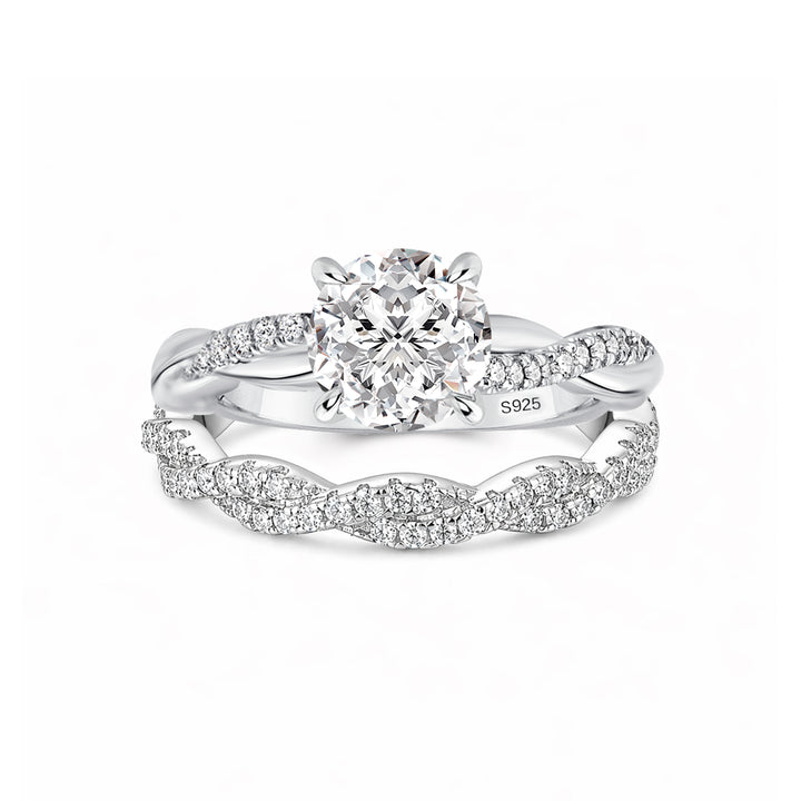 Rodiffy Moissanite Twist 1.2Ct Round Cut 18K White Gold Pave Engagement Ring with Twist Wedding Band