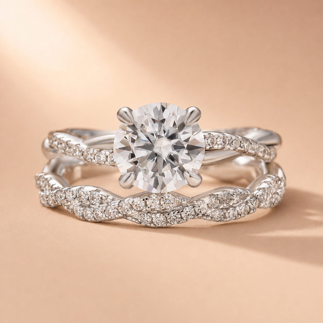 Rodiffy Moissanite Twist 1.2Ct Round Cut 18K White Gold Pave Engagement Ring with Twist Wedding Band