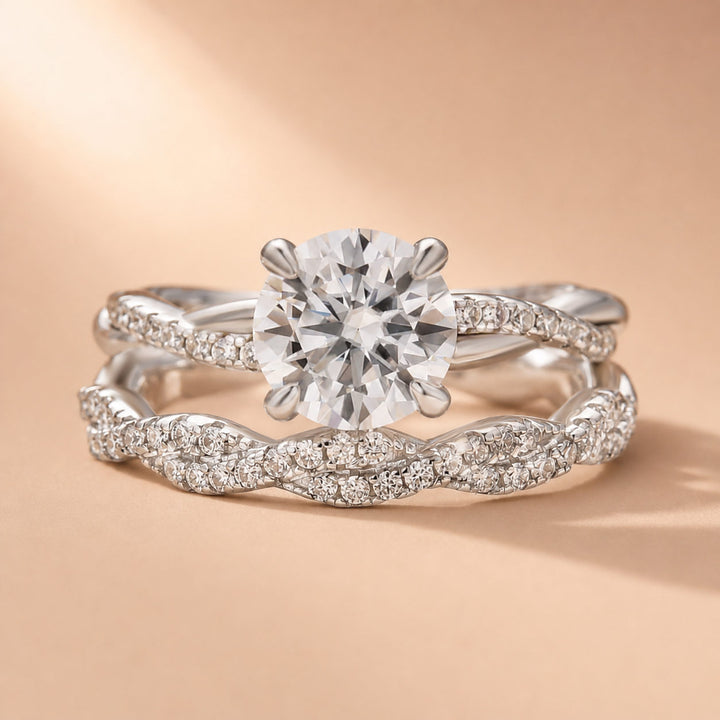 Rodiffy Moissanite Twist 1.2Ct Round Cut 18K White Gold Pave Engagement Ring with Twist Wedding Band