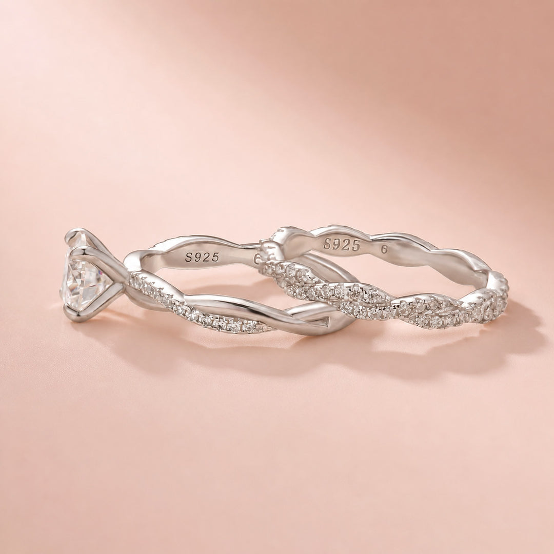Rodiffy Moissanite Twist 1.2Ct Round Cut 18K White Gold Pave Engagement Ring with Twist Wedding Band
