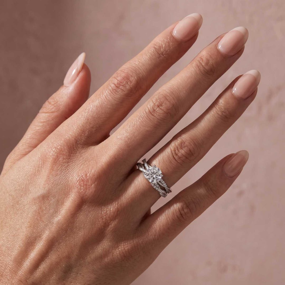 Rodiffy Moissanite Twist 1.2Ct Round Cut 18K White Gold Pave Engagement Ring with Twist Wedding Band