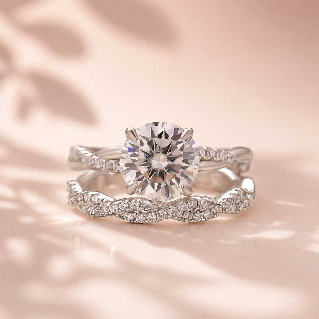 S925 Moissanite 2.0Ct Round Cut Twist Ring Set 18K White Gold Plated Everyday Wear Ring