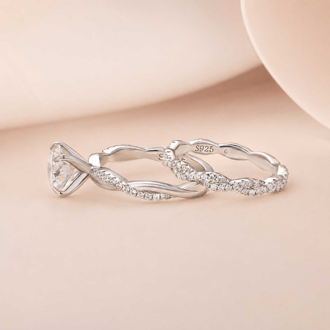 S925 Moissanite 2.0Ct Round Cut Twist Ring Set 18K White Gold Plated Everyday Wear Ring
