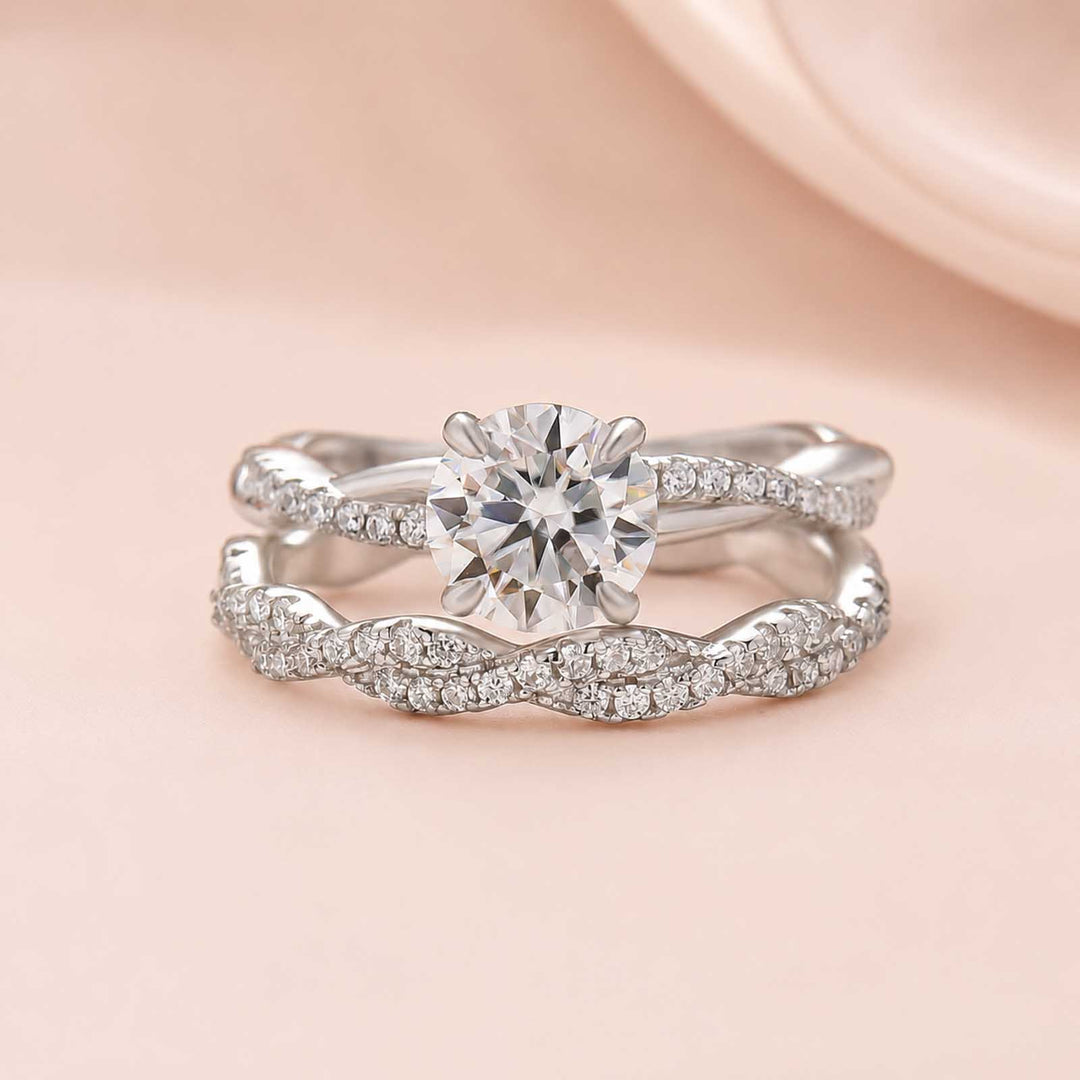 S925 Moissanite 1Ct Round Twist Bridal Ring Set Promise Ring With 0.35Ct Wedding Band Stackable Rings