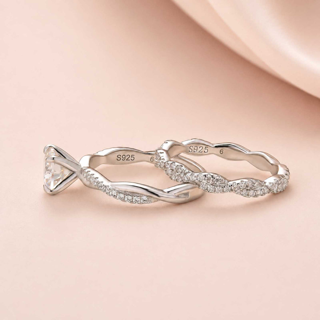 S925 Moissanite 1Ct Round Twist Bridal Ring Set Promise Ring With 0.35Ct Wedding Band Stackable Rings