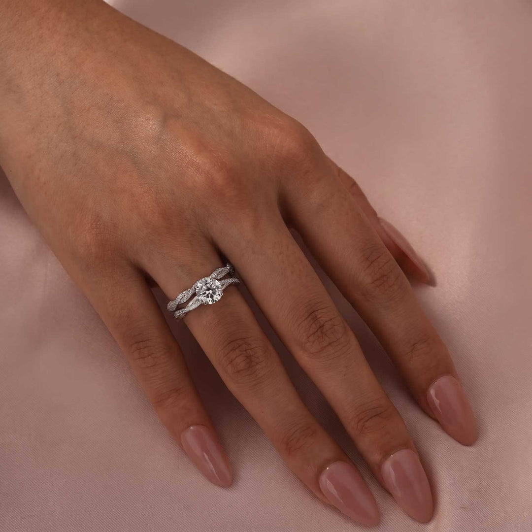 S925 Moissanite Twist 1.0Ct Round Cut 2PC Engagement Ring with 0.22Ct/0.35Ct Round Cut Wedding Band